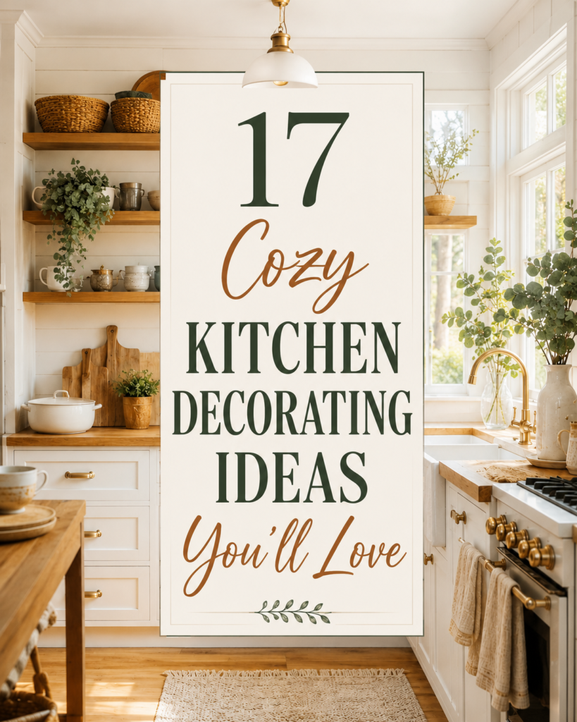 Cozy modern farmhouse kitchen with white shaker cabinets, light oak accents, and warm neutral décor.