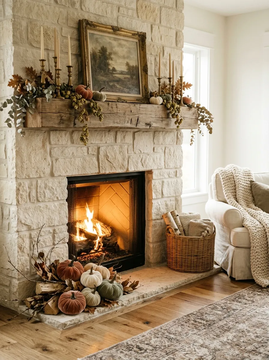 10. Cozy Pumpkin Fireplace Display