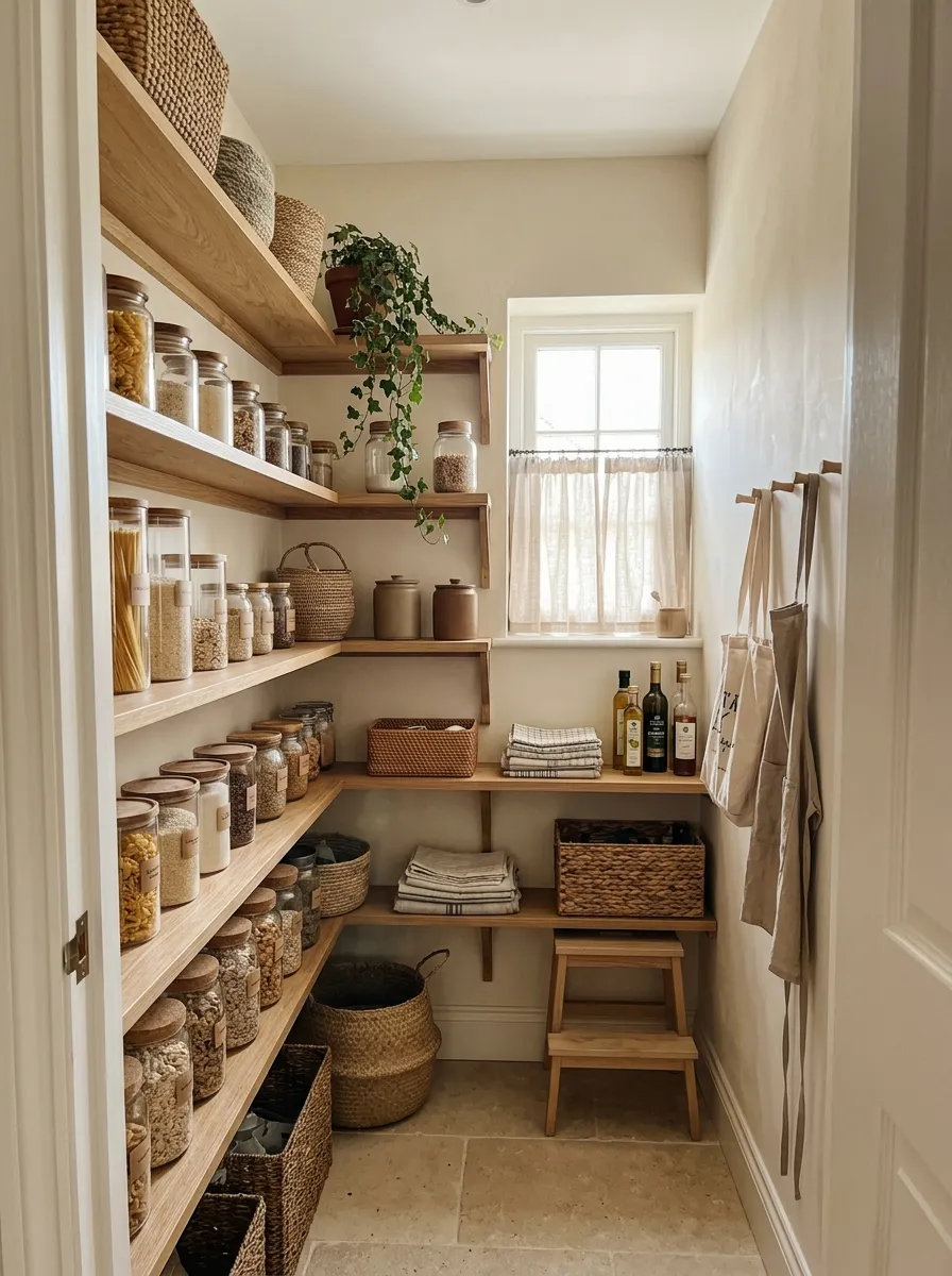 14. Open Wooden Pantry Shelves