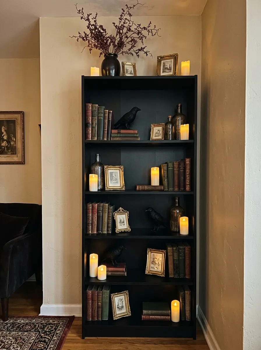 15. Gothic Halloween Bookshelf Display