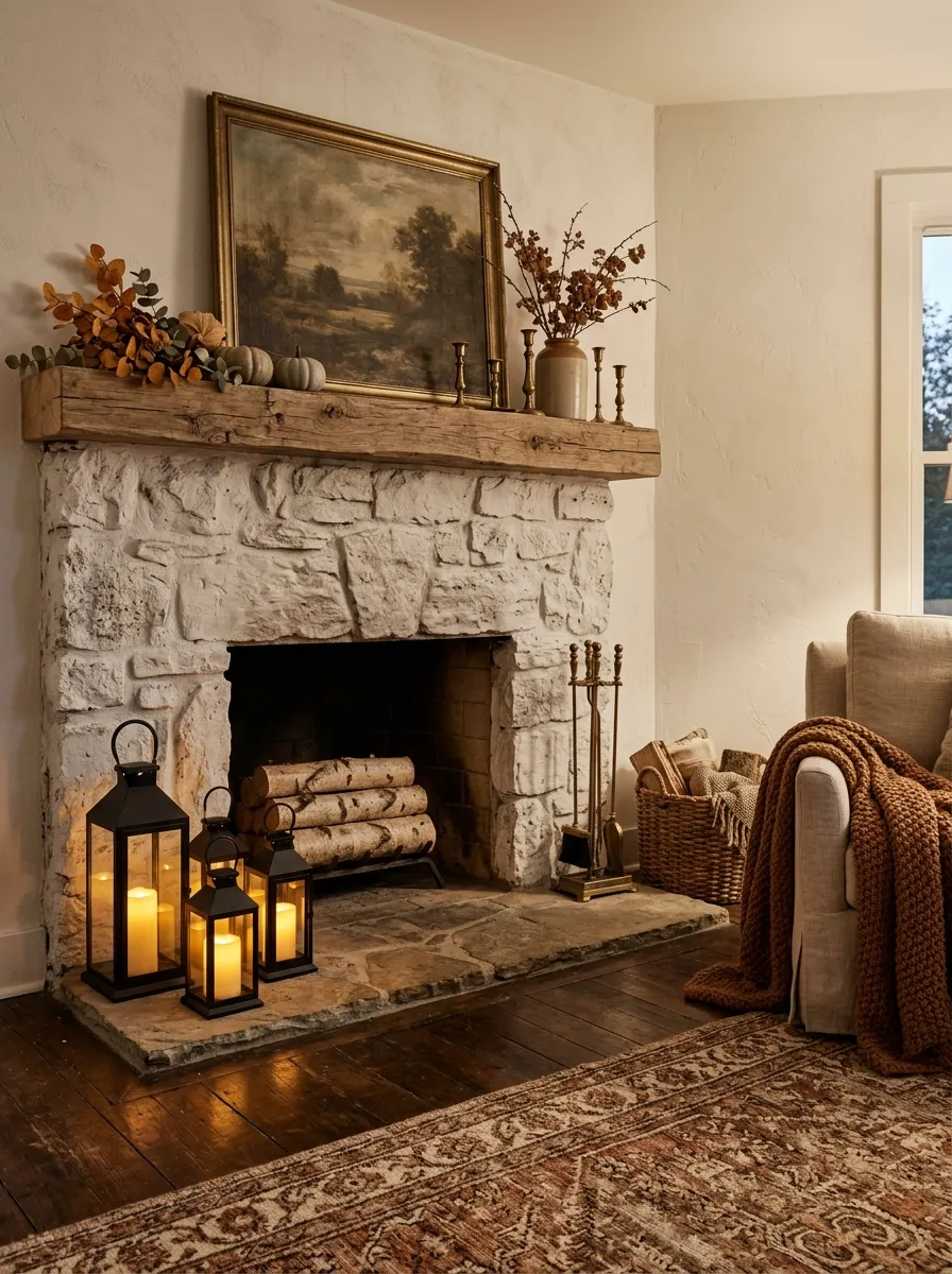 19. Rustic Lantern Fireplace Corner
